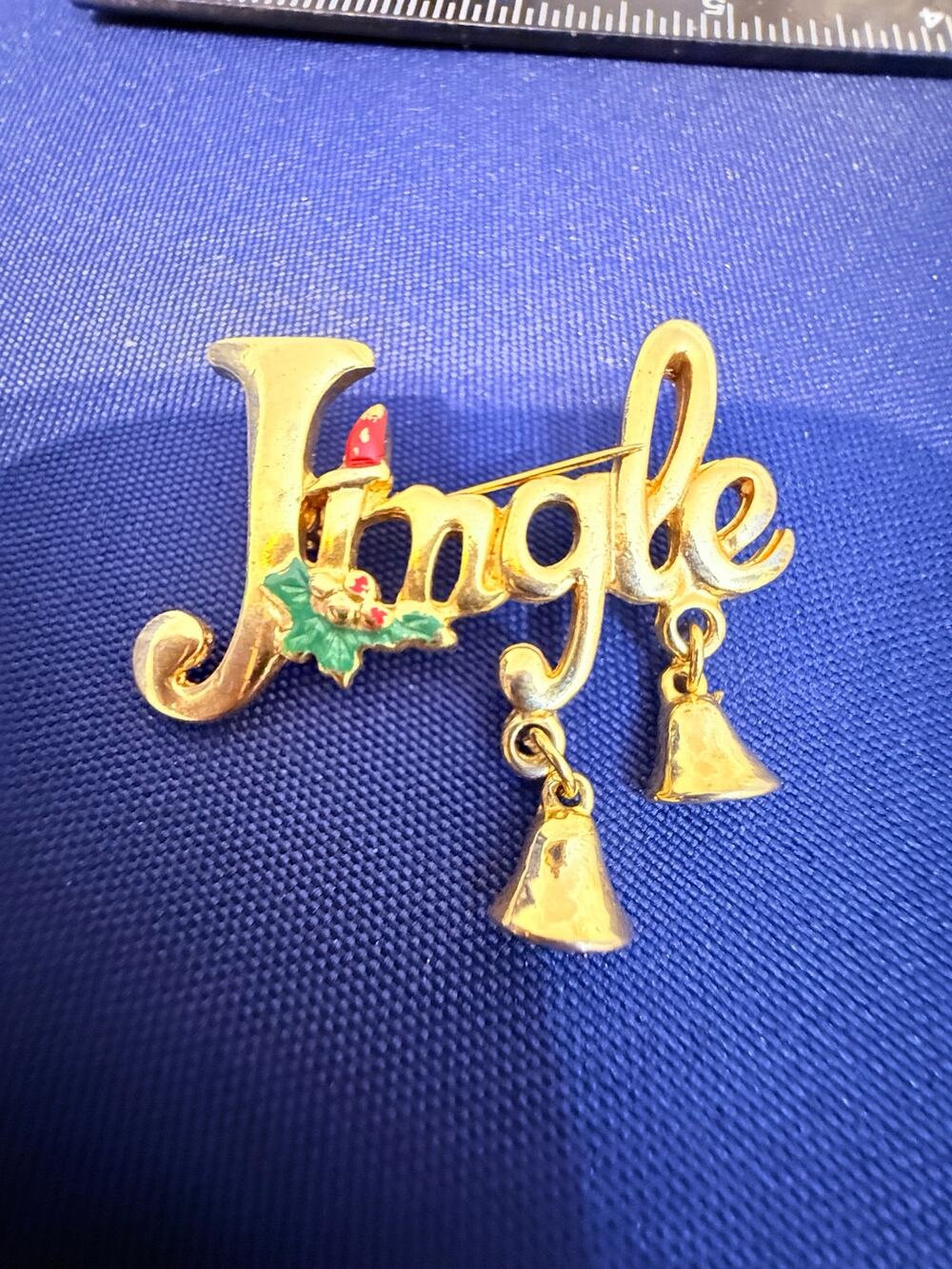 Vintage Gold Tone Jingle Christmas Brooch Bells Holly